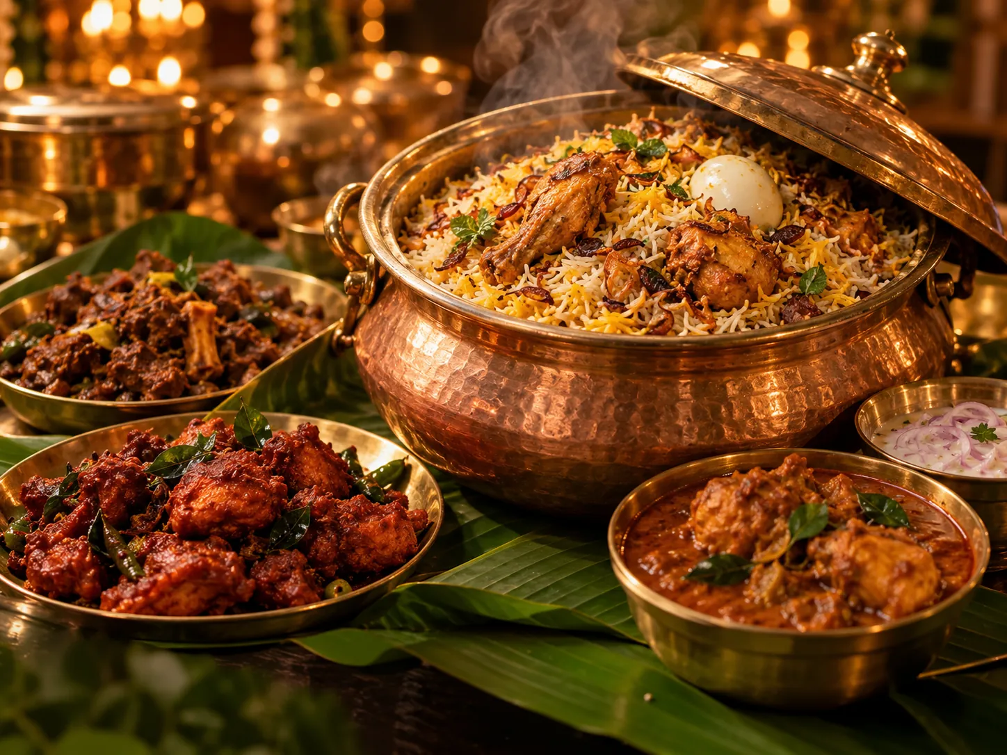 Chicken biryani in a copper handi with chicken fry, mutton and chicken curry